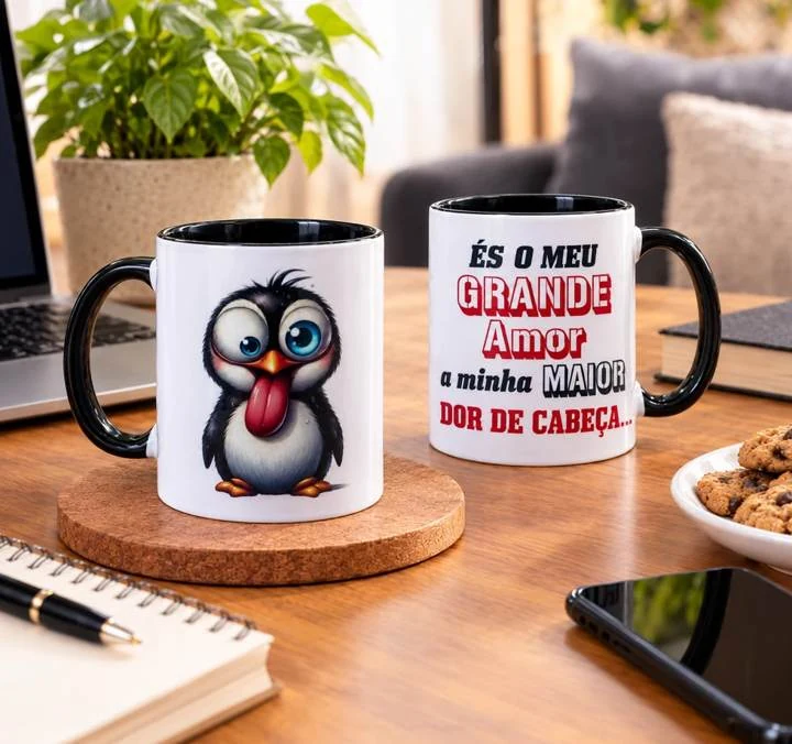 Caneca de cerâmica com pinguim e frase